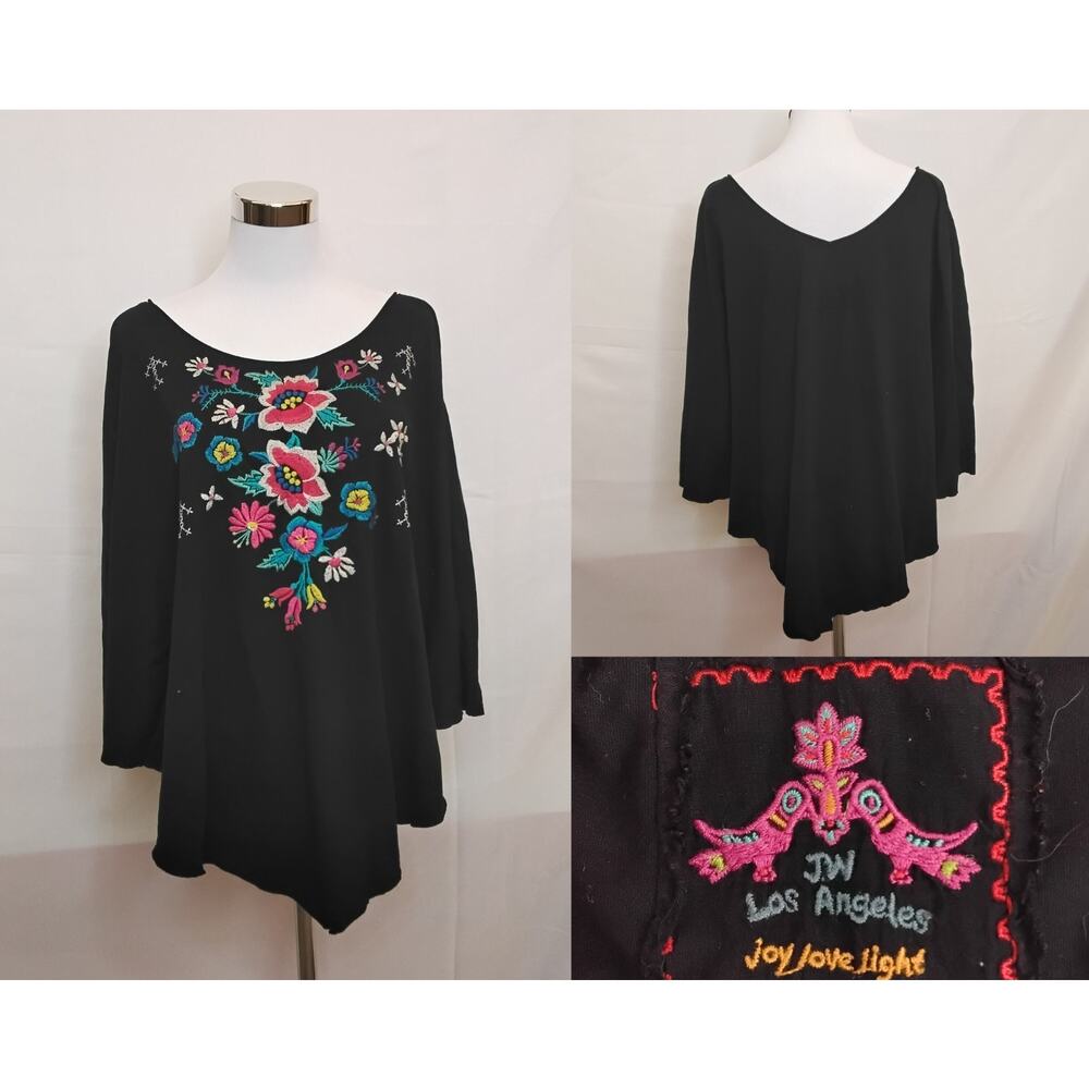 Johnny Was Embroidered Top Women's L Black Floral Short Sleeve Boho #W4854